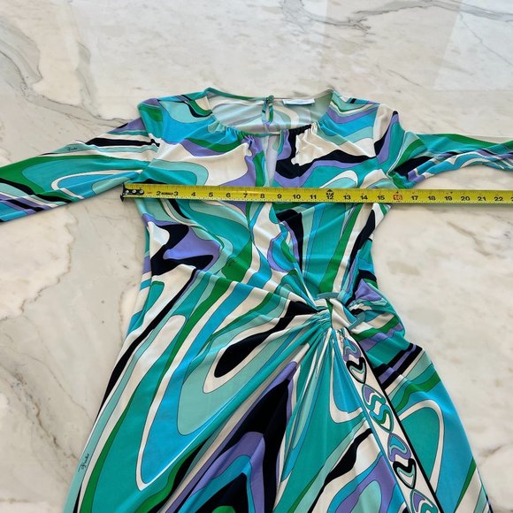 EMILIO PUCCI BLUE MULTI SILK FAUX WRAP ENAMEL BUCKLE DRESS MODEL 72RH25 SIZE IT - Picture 5 of 17